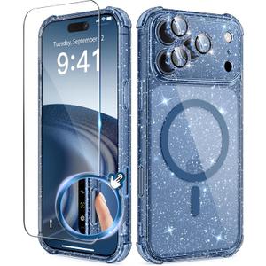 BERFY for iPhone 17 Pro Max Case for Women, Compatible with MagSafe, Clear Glitter Shockproof Protective Case, Anti-Yellowing, with Screen Protector & 3 Diamond Camera Lens Covers 6.9", Sparkle Blue