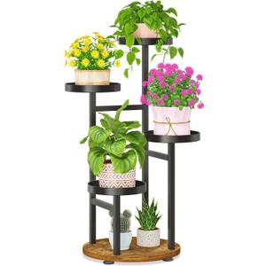 LASZOLA 4 Tier Metal Plant Stand for Indoor Corner, Heavy Duty Wooden Flower Holder Rack for Mutiple Plants, Planter Display Shelf for Patio Garden Balcony Living Room, Black