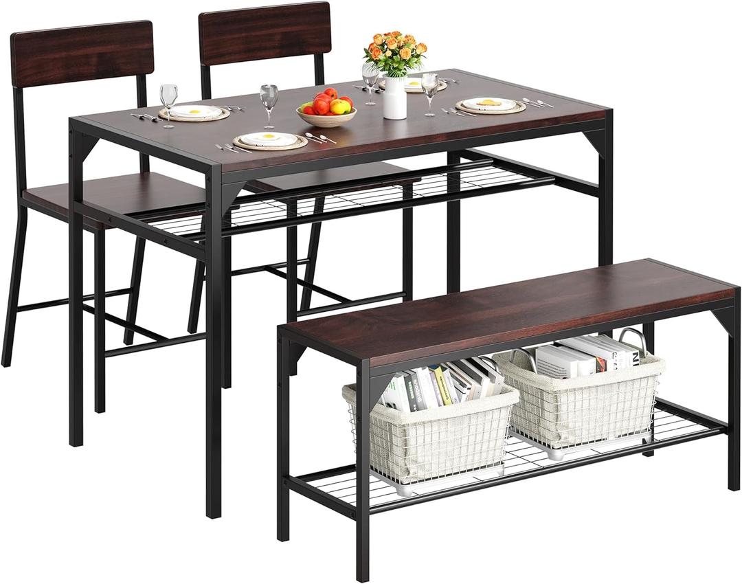 Shintenchi Kitchen Table Chairs Set of 3, Dining Table Set for 3 with Bench and Chairs, 3 Pieces Kitchen Table Set with Storage Rack & Metal Frame for Small Space, Dark Walnut