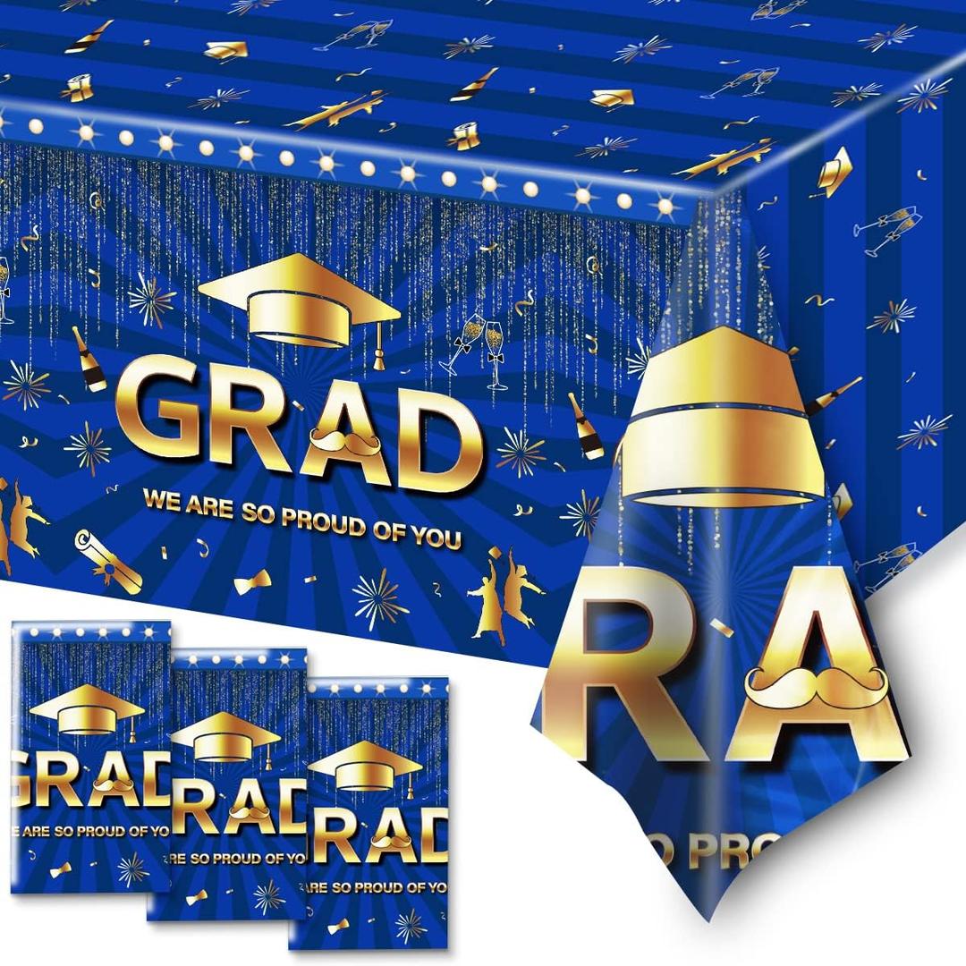 CMUSKO Blue and Gold Graduation Tablecloth, 3Pcs We are SO Proud of You Tablecloth, Class of 2026 Congrats Grad Table Covers for Graduation Decorations 2026 Blue