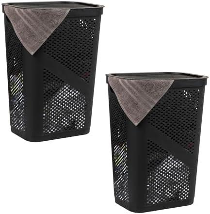 Mind Reader 60L Slim Laundry Hamper, Clothes Basket, Lid, Ventilated, Plastic, Set of 2, Black