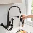 Wall Mount Kitchen Faucet 6 Inch Center, Commercial Kitchen Sink Faucet with Temperature Display Sprayer, High Arc 2 Handle Wall Mount Faucet, Matte Black