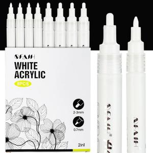 SFAIH Acrylic White Paint Pens - 8 Pack 2-3MM Medium Tip & 0.7MM Extra Fine Paint Marker for Rock Painting, Wood, Metal, Fabric, Plastic, Canvas, Glass, Ceramic, Diy Crafts, White Out Pen