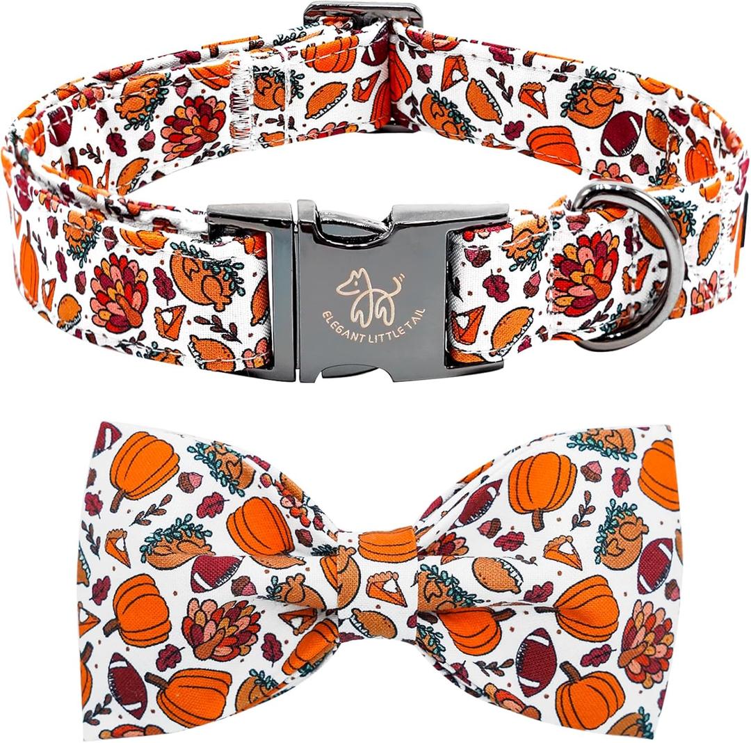 Elegant little tail Tanksgiving Dog Collar, Turkey Print Dog Collar Orange Pet Collars with Bowtie Metal Buckle Cotton Girls Boys Adjustable Pet Collars for Large Dogs (Large (Pack of 1))