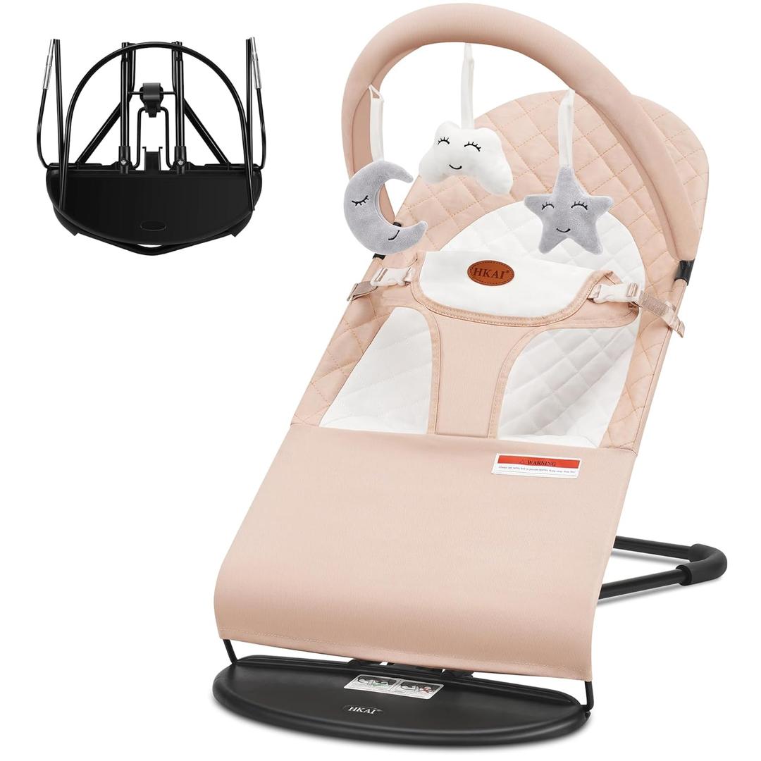HKAI Baby Bouncer, Portable Baby Bouncer Seat for Babies 0-18 Months, 100% Cotton Fabrics, 3 Modes of use with Rocker and Stationary Options, Infant Rocker Chair with Hanging Toys-Organic Oat
