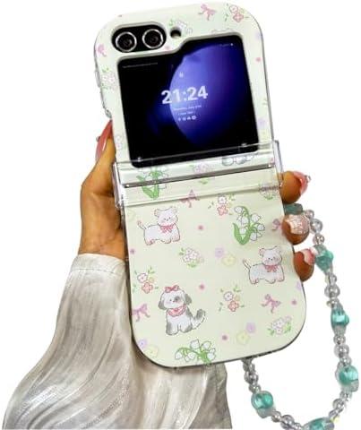 GO-VOLMON Woman Strap Case for Samsung Galaxy Z Flip 5/6 Kawaii Animal Pink Flowers, Cute Girly Soft Protective Cover Floral Wristband Slim Waist Design Hinge Protector, Green