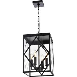 Outdoor Pendant Light 4 Lights Modern Outside Chandelier Outdoor Hanging Lantern Light with Clear Glass, Matte Black Exterior Pendant Lighting Fixture for Porch, Yard, Gazebo