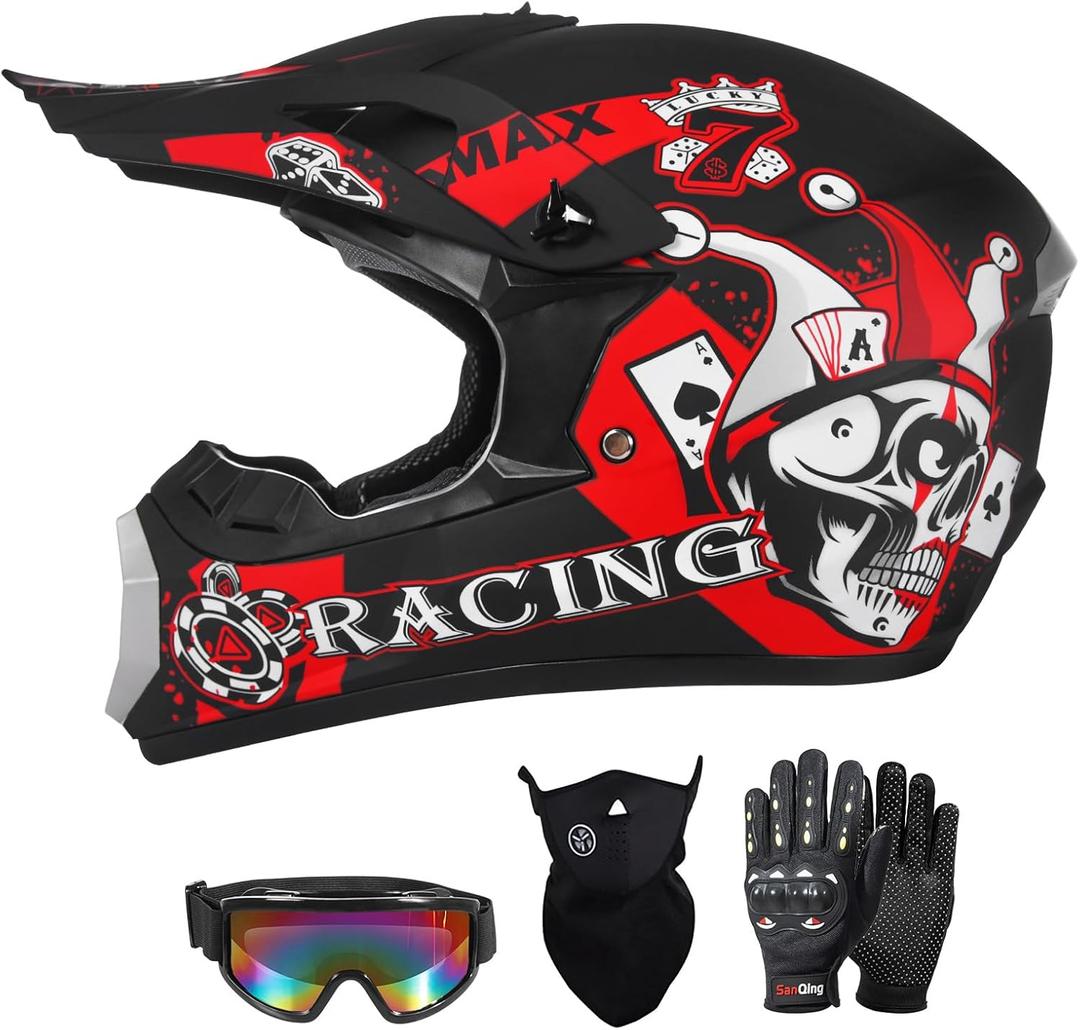 SPARK DOT Youth Motocross Helmet Kids Dirt Bike Helmets - Full Face, Lightweight & Breathable for Off-Road E-Bike BMX MX ATV (with Gloves Goggles Mask) 4Pcs Set, Medium (57-58cm), Joker Black