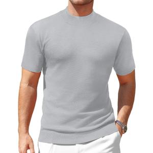 Vssjavun Men's Mock Neck Shirt Short Sleeve Turtleneck T-Shirt Slim Fit Pullover Casual Basic Tee (Gray, L)