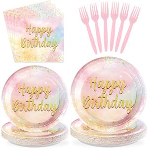96Pcs Pastel Rainbow Birthday Decorations Rainbow Cloud Plates and Napkins Tableware Sets Glitter Sprinkled Gold Watercolor Party Decorations for Girls Princess Birthday Baby Shower Supplies Serves 24