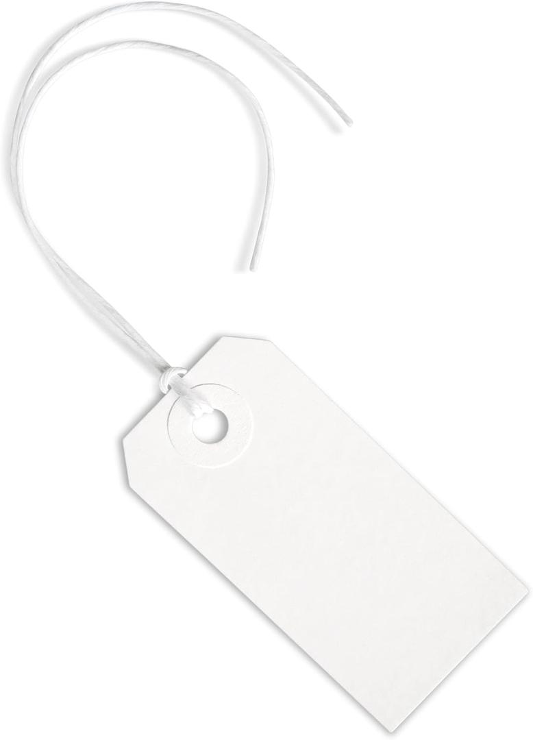 100 White Tags with String Attached - #1, 2 3/4 x 1 3/8, Paper Blank Hang Labels with String and Reinforced Eyelet