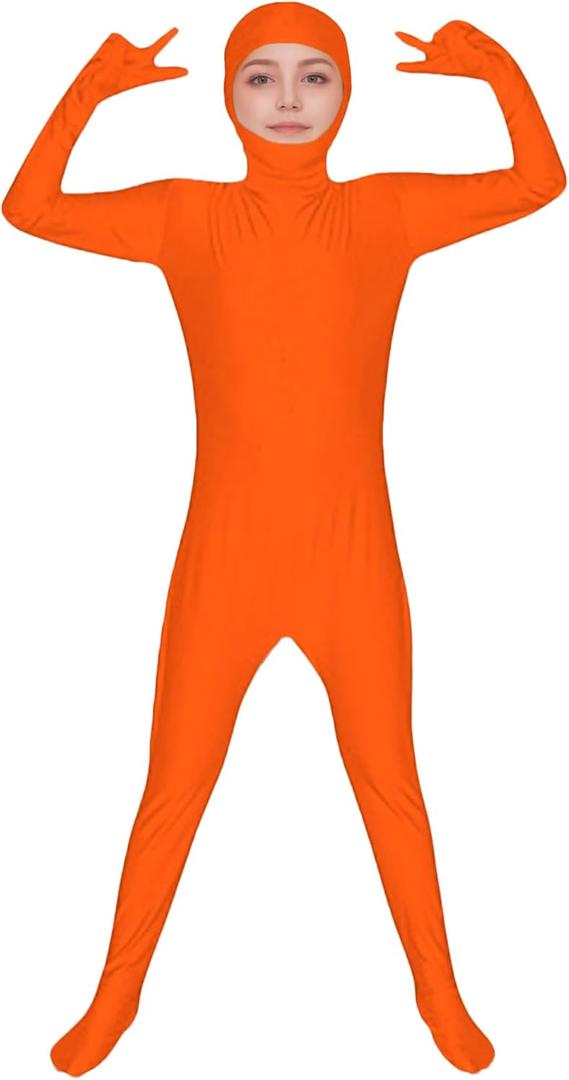 ATHX Kids High Stretch Spandex Halloween Cosplay Bodysuit Costume Open Face Unitard Child Full Body Skin Suit Zentai Suit (Large, Orange)