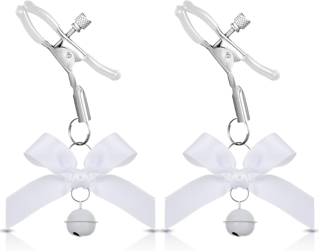 2Pcs Body Jewelry Non Piercing, Adjustable Nipple Clamps for Adult, Stainless Steel Bow Nipple Clips with Bell, Pressure Nipples Clamps with Chain, White Nipples Jewelry for Adults