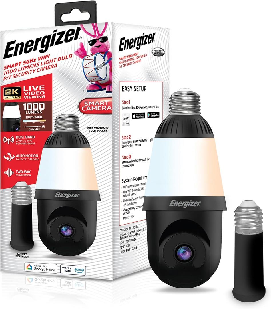 Energizer Smart 2K Light Bulb Security Camera, 1000 Lumens LED Light, 5GHz & 2.4GHz Wi-Fi Outdoor Socket Camera, Auto Tracking, Pan and Tilt, Night Vision, 2-Way Audio, Works with Google Home & Alexa (Black)