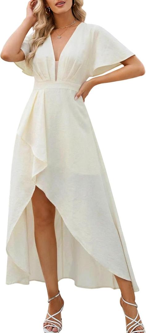 Womens Summer Short Sleeve V Neck Maxi Dress High Low Split Long Flowy Dresses Formal Cocktail Wedding Guest Dresses (XL)
