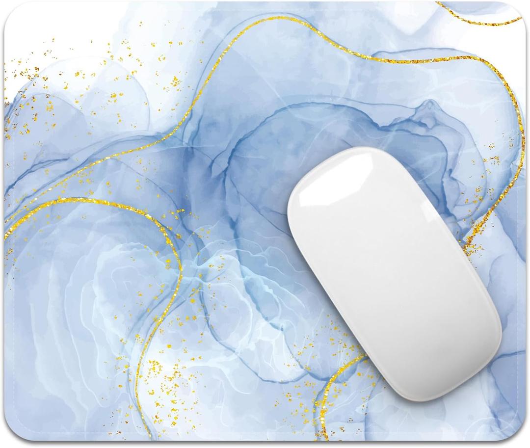 Mouse Pad with Stitched Edges - Elegant Marble Mousepad for Women, 9.25 x 7.75 inch Washable Square Desk Pad, Non-Slip Rubber Base, Office Home Laptop Accessories - Blue Marble