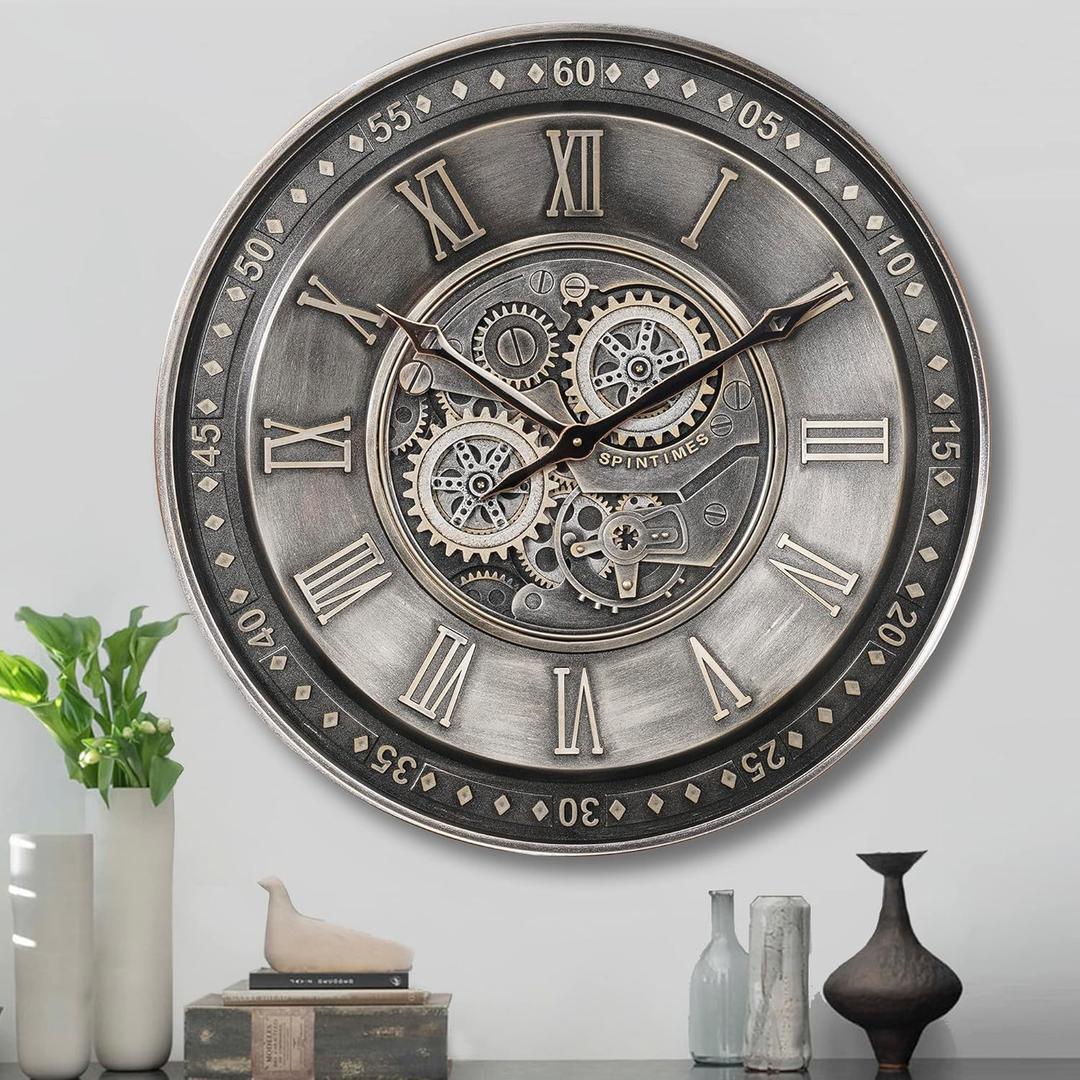 CLXEAST 24 Inch Large Moving Gear Wall Clock for Living Room Decor, Antique Silver Metal Roman Numerals Wall Clocks for Home Office (24 Inch Oil Rubbed Bronze Silver)