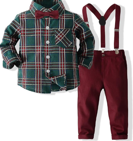 Kimocat Toddler Boy Clothing Sets Plaid Shirt Bowtie and Suspender Strap Pants Outfits (12-18 Months)