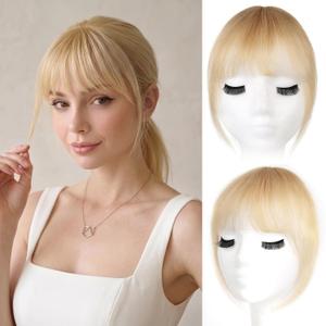 LEEONS Clip in Bangs Real Human Hair, 100% Remy Human Hair Topper for Women, Clip on Bangs Hairpiece with Temples (Wispy Bangs, Dark Blonde mix with Blonde)