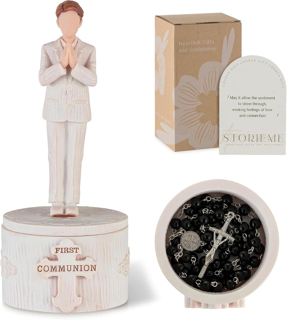 Storieme First Communion Gifts for Boys: 1st Holy Communion Decorations Keepsake Box with Rosary Cross Bracelet - Christian Religious Catholic Present for Baptism Confirmation