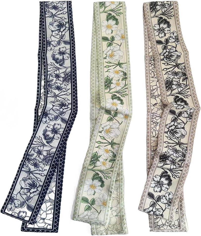 3 x OULIGET Retro Floral Small Ribbon Silk Scarf,Girl Heart Hair Scarf Tie Neck Scarf,Purse Headband Handbag scarves Fashion Gift