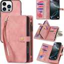 TwoHead Wallet Case Compatible with iPhone 16 Pro Max,Detachable Magnetic Phone Case,PU Leather All-Round Protective Case Wallet with Card Holder/Change Pocket,6.9 in,Pink