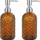 16 oz Diamond Pattern Glass Soap Dispenser, Kitchen and Bathroom Refillable Soap Dispenser with Rust Resistant Stainless Steel Pump for Hand Soap, Lotion Glass Liquid Dispenser(Amber-2pack)