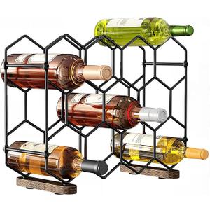 Nuovoware Countertop Wine Rack, 14Bottle Freestanding Modern Carbon Steel Holder Hexagonal Structure, 3 Tier Tabletop Wine Bottle Organizer Storage for Cabinet, Pantry, Black+Retro Brown