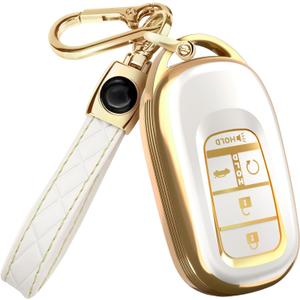 Lucrum Compatible with Honda Key Fob Cover & Leather Keychain - TPU Keyfob Case for Accord Civic CR-V HR-V Pilot Ridgeline, For 5 Button Remote (2022-2026) - White and Gold