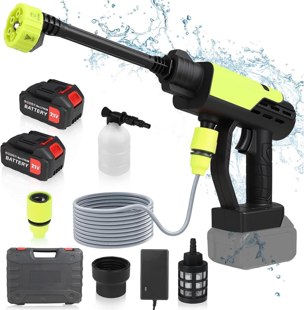 Cordless Portable Pressure Washer 1000 PSI - 4000mAh* 2 Rechargeable Battery, Electric Power Washer Gun with 6-in-1 Adjustable Nozzle for Washing Cars,Floor,Garden,Home,Outdoor Cleaning
