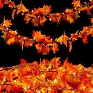 Meknow Fall Decor Fall Decorations for Home 9FT Plug in Fall Garland with Lights 50 Orange Bulbs Connectable Lighted Fall Garland Light for Indoor Outdoor Halloween Thanksgiving Harvest Decorations (1 Pack)