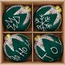 Sosation 4 Pack Dark Green Christmas Ornaments 3.14" Glitter Green Velvet Ball Ornaments Shiny Joy, Hohoho, Snowflake Flocked Shatterproof Hanging Ball Decorations for Xmas Tree Holiday Party