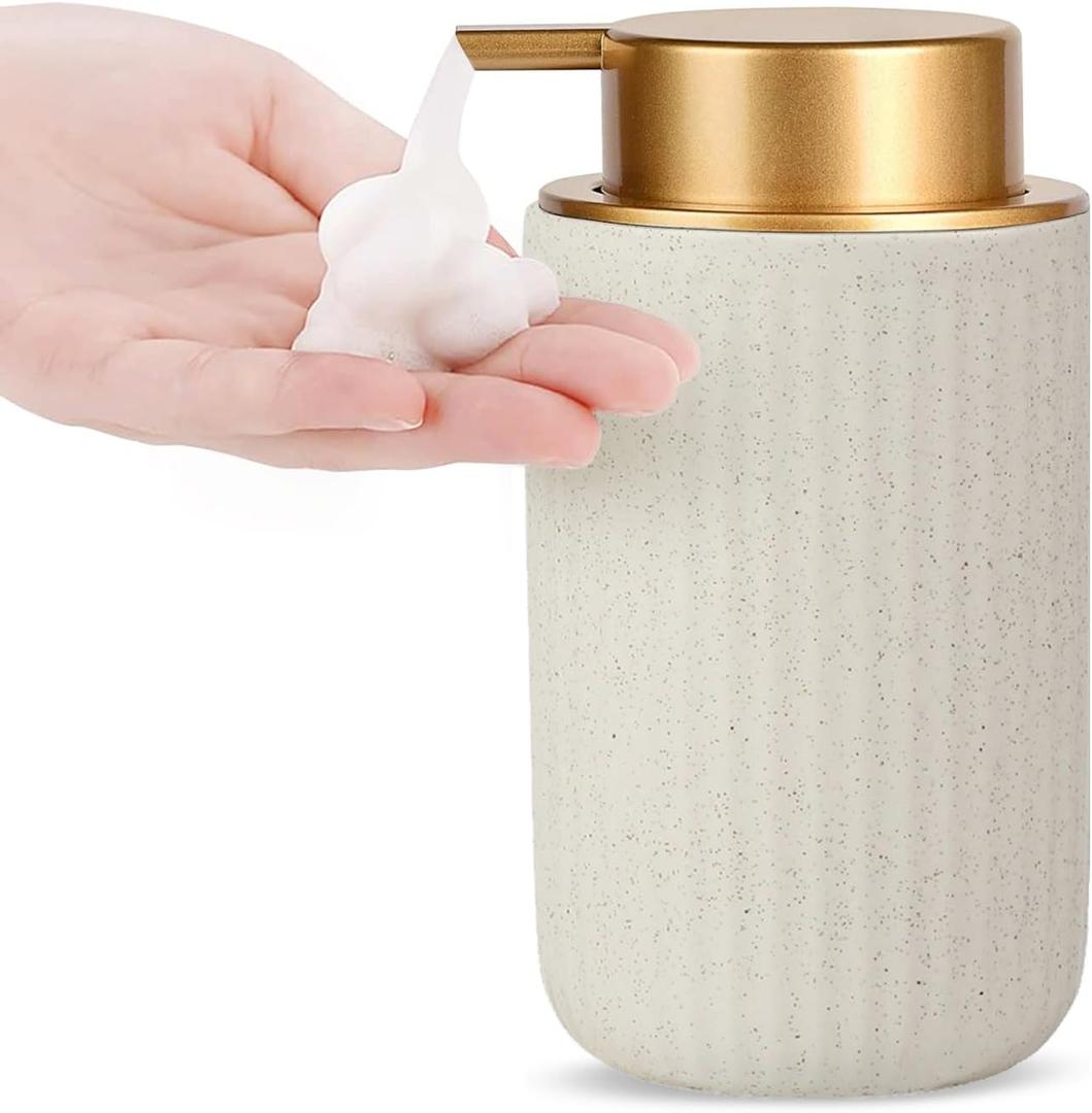 Ceramic Hand Foaming Soap Dispenser - 300ml Hand Foaming Pump Soap Dispenser for Hand Wash Beige Ceramic Dish Liquid Foam Dispenser for Kitchen Bathroom