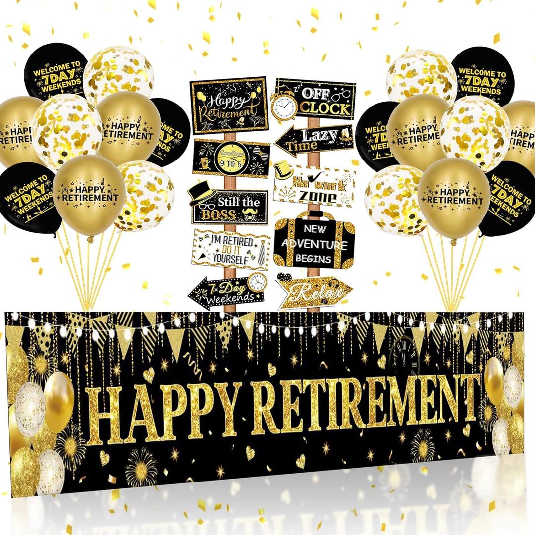 Black Gold Happy Retirement Banner Sign - Directional Retired Yard Sign & Balloons for Party Supplies