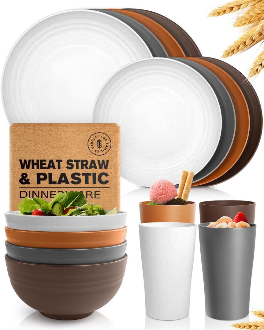 Teivio 16-Piece Kitchen Plastic Wheat Straw Dinnerware Set, Service for 4, Dinner Plates, Dessert Plate, Cereal Bowls, Cups, Unbreakable Plastic Outdoor Camping Dishes, Farmhouse