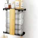 Towel Racks for Bathroom - Wall Mounted Bamboo Shelf for Holding 3 Extra Large Rolled Towels with 2 Hooks - Space Saving Bathroom Organizer for Small Spaces, Apartment, or RV, Black