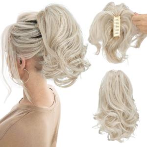 CJL HAIR Claw Clip Short Ponytail Hair Extensions DIY Bendable Metals Messy Bun Hair Piece for Women Wavy Curly Synthetic Fake Hairpieces Cold Blonde