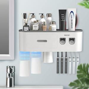 Toothbrush Holders Wall Mounted, Toothbrush Holder with Automatic Toothpaste Dispensers, 6 Brush Slots, 3 Magnetic Cups,1 Cosmetic Drawer Organizer and 1 Large Storage Tray