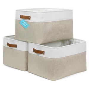 OrganiHaus Extra Large Fabric Storage Bins for Shelves 16x13in, Closet Storage Baskets for Shelf Organizing, Canvas Rectangle Bins for Organization, Linnen Baskets for Organizing - Beige/Off-White (Extra Large - 3pc)