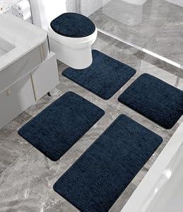 YIHOUSE Bathroom Rug Set 5 Piece, Memory Foam Blue Bath Mat Non-Slip Quick Dry Absorbent Bath Mats for Bathrooom, Washable Bathroom Rug and U-Shaped Contour Toilet Rug Bath Rug Set for Bath Floor