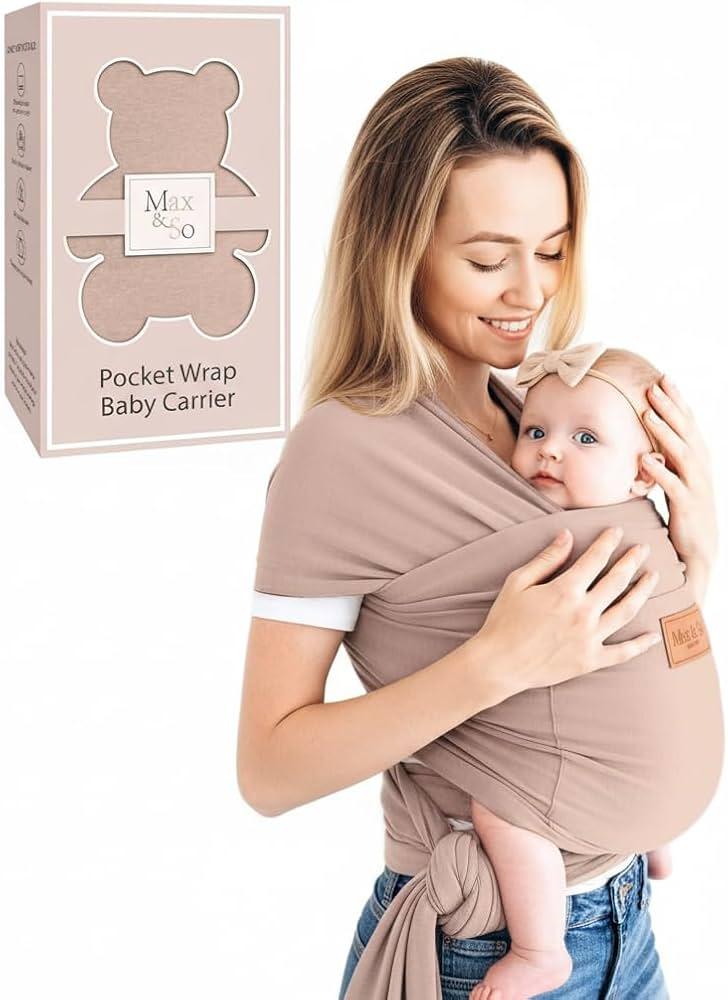 Baby Wrap Carrier - Premium Cotton Baby Carrier Wrap for Newborn to Toddler- Infant Carrier- Baby Holder One Size Fits All with Front Pocket(Beige) by Max&so