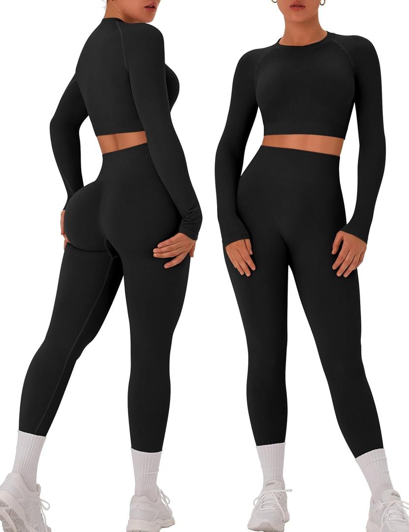 OLCHEE Womens Workout Sets 2 Piece Seamless Long Sleeve Crew Neck Crop Top Shirts Scrunch Butt Leggings Gym Yoga Outfits (Large, Black)