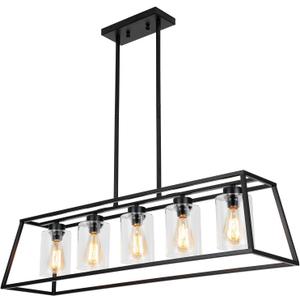 Kitchen Island Lighting,5-Light Black Chandeliers for Dining Room Light Fixtures Over Table, Farmhouse Rectangle Chandelier Island Lights for Kitchen with Cylinder Clear Glass, L40" - 5 Light