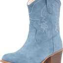 IXU Cowboy Boots for Women Ankle Cowgirl Booties Wide Mid Calf Pointed Toe Western Boots Short Chunky Classic Booties (8.5, Blue)
