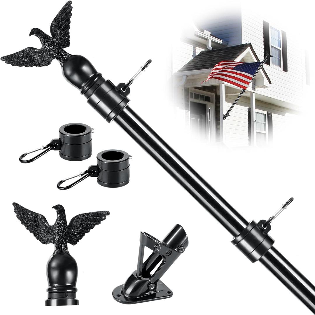 6FT Flag Pole Kit for House with Holder Bracket, Upgrade Stainless Steel Tangle Free Flagpole, Heavy Duty House Flag Pole Kit for 3x5 American Flag for Outside Porch,Outdoor,Boat (Black)