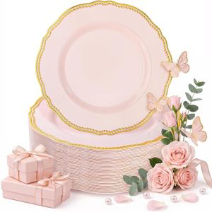 Hioasis 60pcs Pink Plastic Plates - Pink and Gold Disposable Dinnerware with Gold Rim, Heavy-duty, 7 inch, Dessert Plates for Party & Easter & Mothers Day