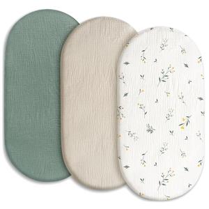 Gllquen Baby Muslin Bassinet Sheets 3 Pack, Breathable Elastic Cozy Fitted Cotton Bassinet Mattress Sheet for Baby Boy Girls, Fit for Hourglass Oval Rectangular Cradle Pad Sheets 33"x17" (Green)