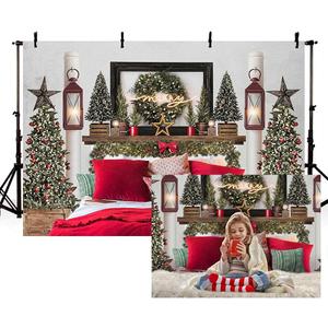 MEHOFOND 7x5ft Red Christmas Headboard Bed Backdrop Kids Portrait Photography Winter Holiday Family Picture Photoshoot Merry Xmas Tree Photo Background Party Decor Banner