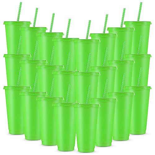 Amyhill 24 Pcs Reusable Cups with Lids and Straws 24 oz Glitter Iced Coffee Tumbler Plastic Travel Mug Cup for Smoothie Juices Birthday Sleepover Party Supplies for Girls(Fluorescent Green)