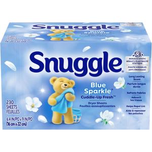 Snuggle Fabric Softener Dryer Sheets, Blue Sparkle Cuddle-Up Fresh, 230 Ct, Long-Lasting Fresh & Clean Scent, Softens Fabric, Reduces Static, Fights Wrinkles, Helps Repel Lint & Pet Hair, HE Safe